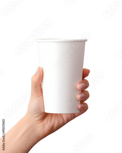 Hand Grasping a Plain White Paper Cup Against a transparent Background