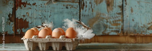 A natural and rustic shot of organic farm eggs in a cardboard carton, with feathers scattered around