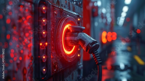 Electric vehicle charger plugged into a charging station, illuminated by red lights in a dark and futuristic setting, captured in a close up shot