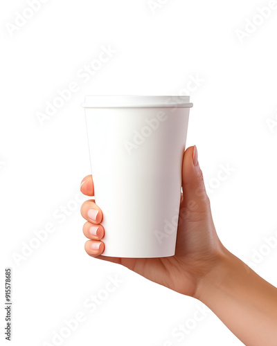 Hand Grasping a Plain White Paper Cup Against a transparent Background