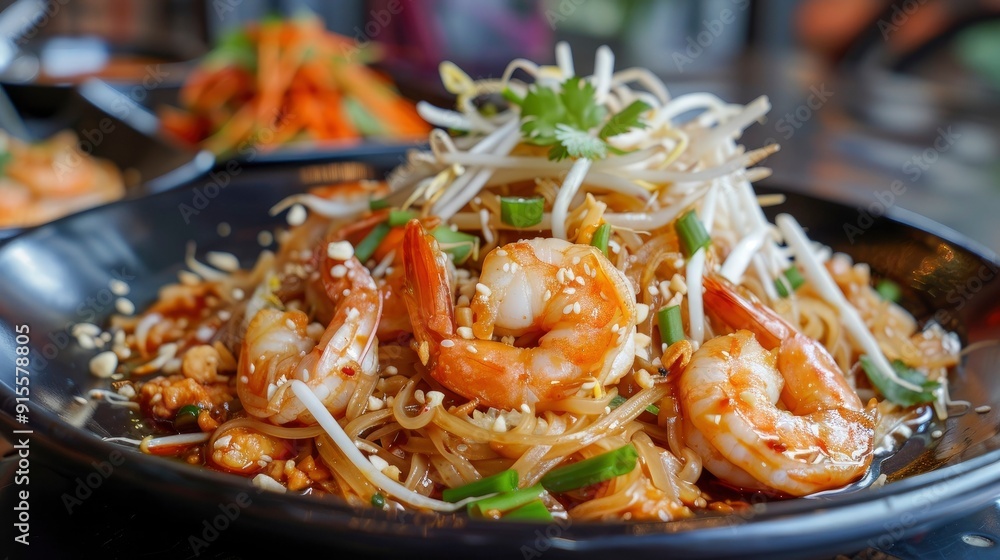 A vibrant and flavorful plate of pad thai, with perfectly cooked rice noodles, shrimp, bean sprouts, and a tangy sauce