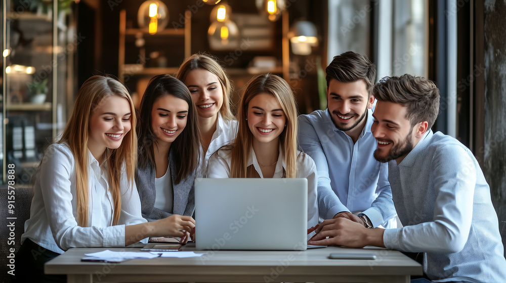 Obraz premium Group of happy colleagues together in the office, happy cooperation with clients, business cooperation, work meeting, brainstorming 