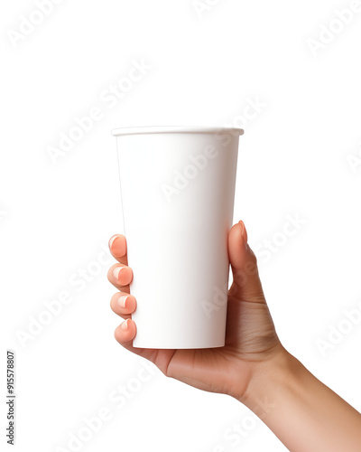 Hand Grasping a Plain White Paper Cup Against a transparent Background