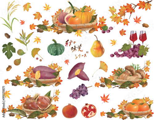 set of autumn elements -Clip art of autumn taste series set of fruits and vegetables and nuts, and basket and autumn maple leaves.