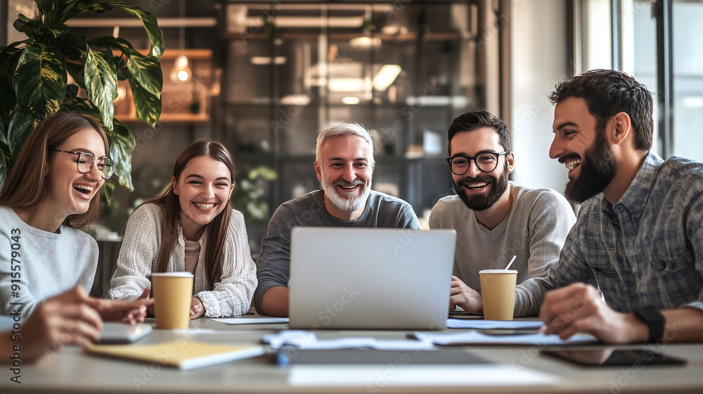 Fototapeta premium Group of happy colleagues together in the office, happy cooperation with clients, business cooperation, work meeting, brainstorming 