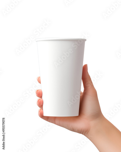 Hand Grasping a Plain White Paper Cup Against a transparent Background