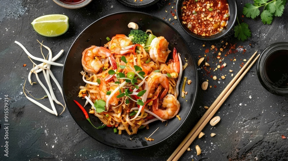 A vibrant and flavorful plate of pad thai, with perfectly cooked rice noodles, shrimp, bean sprouts, and a tangy sauce A vibrant and flavorful plate of pad thai, with perfectly cooked rice noodles, shrimp, bean sprouts, and a tangy sauce