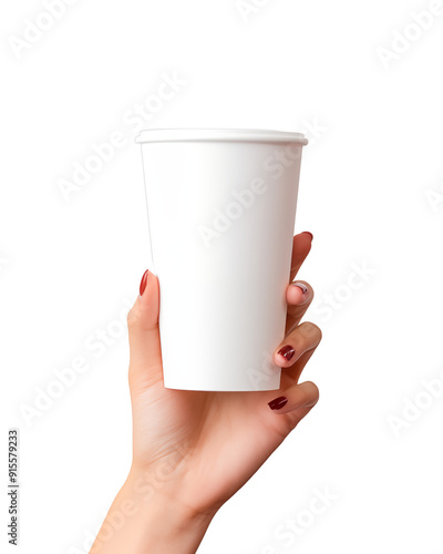 Hand Grasping a Plain White Paper Cup Against a transparent Background