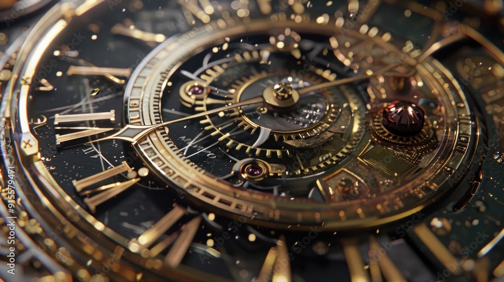 Close-up of intricate watch mechanism with gold accents. Close-up of intricate watch mechanism with gold accents.