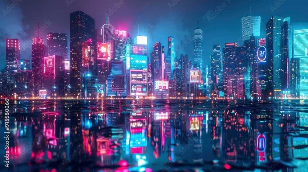 A vibrant cityscape at night with neon lights and reflections. A vibrant cityscape at night with neon lights and reflections.