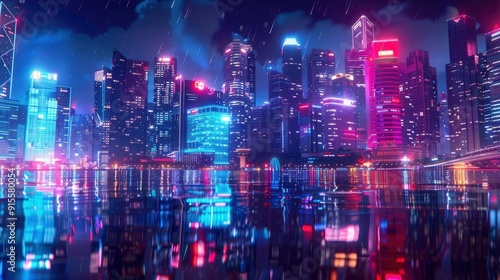 A vibrant cityscape at night with neon lights and reflections.