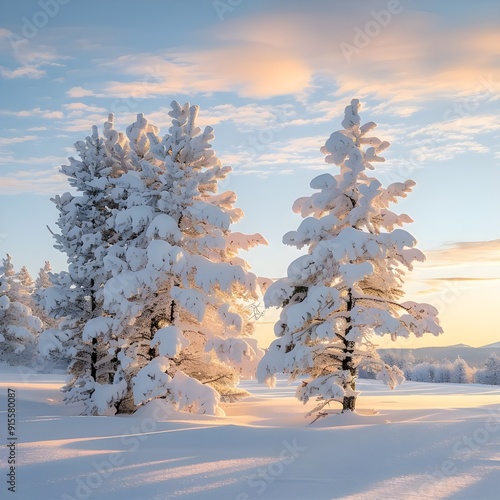 A crisp, bright winter morning scene featuring snow-covered pine trees under a clear sky with pastel clouds.