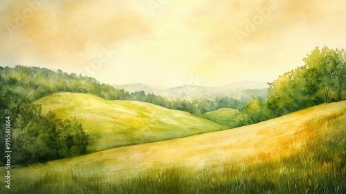 Photography Watercolor painting of a green hillside landscape, with soft, warm tones creating a peaceful and inviting atmosphere