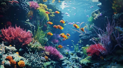 A vibrant coral reef with colorful fish and marine plants.