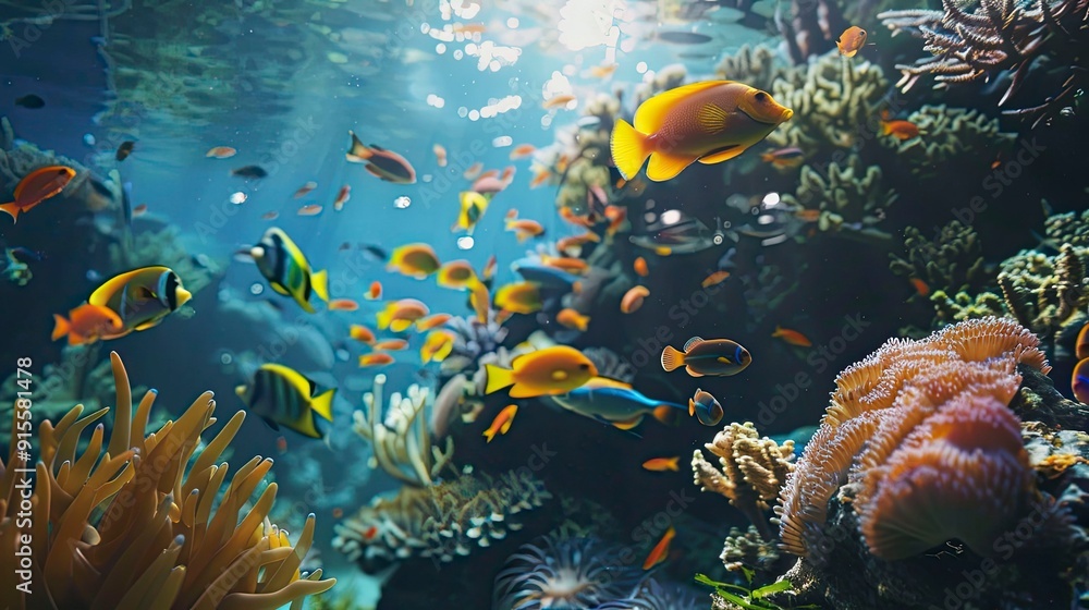 Naklejka premium A vibrant coral reef with schools of tropical fish.