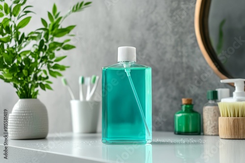 A clear teal mouthwash bottle on the bathroom counter, surrounded by dental supplies and fresh green plants in vases. photo