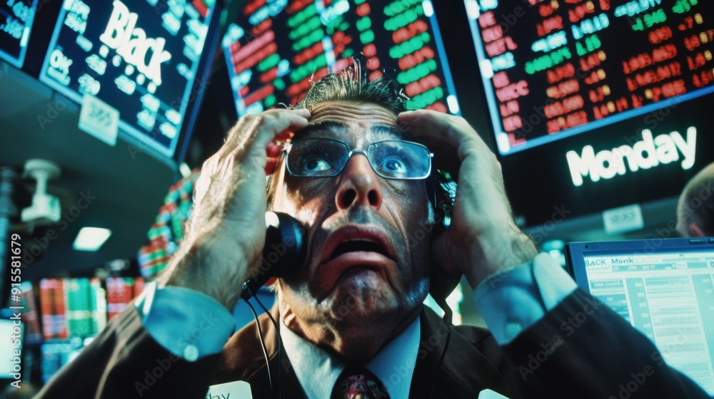 Worried man looking at his screen in his stock exchange office. black monday concept, fall in values Worried man looking at his screen in his stock exchange office. black monday concept, fall in values
