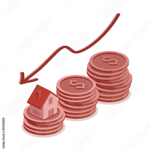 isometric house prices falling down, real estate market crisis, real estate investment and financial with lower graph. flat illustration vector red style isolated on white background.
