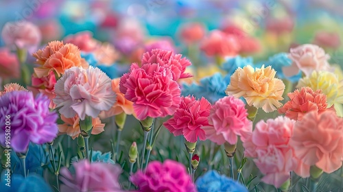 A vibrant field of colorful carnations, their ruffled, layered petals in a variety of hues, creating a visually striking and elegant display