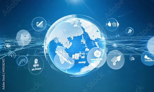 Global Connectivity: A 3D rendered globe pulsates with digital life, encircled by icons of industry, technology, and interconnectedness in this visual representation of global business and innovation.
