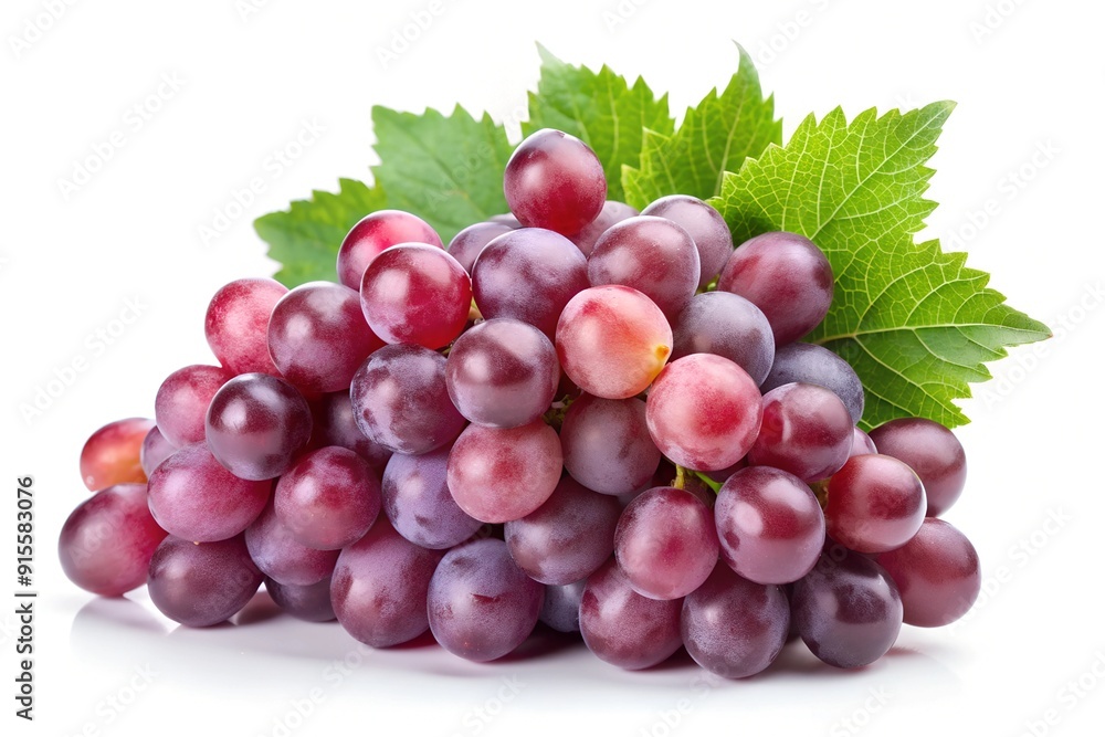Fototapeta premium Grapes isolated on a white background. A bunch of ripe grapes with leaves
