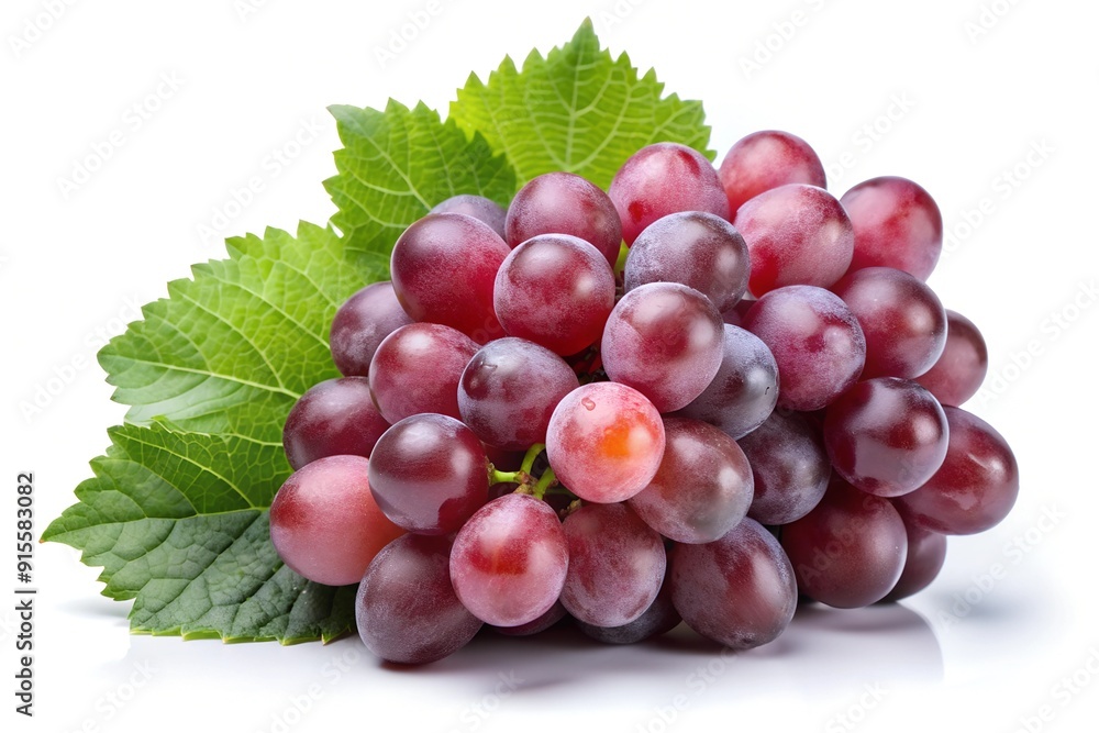 Fototapeta premium Grapes isolated on a white background. A bunch of ripe grapes with leaves