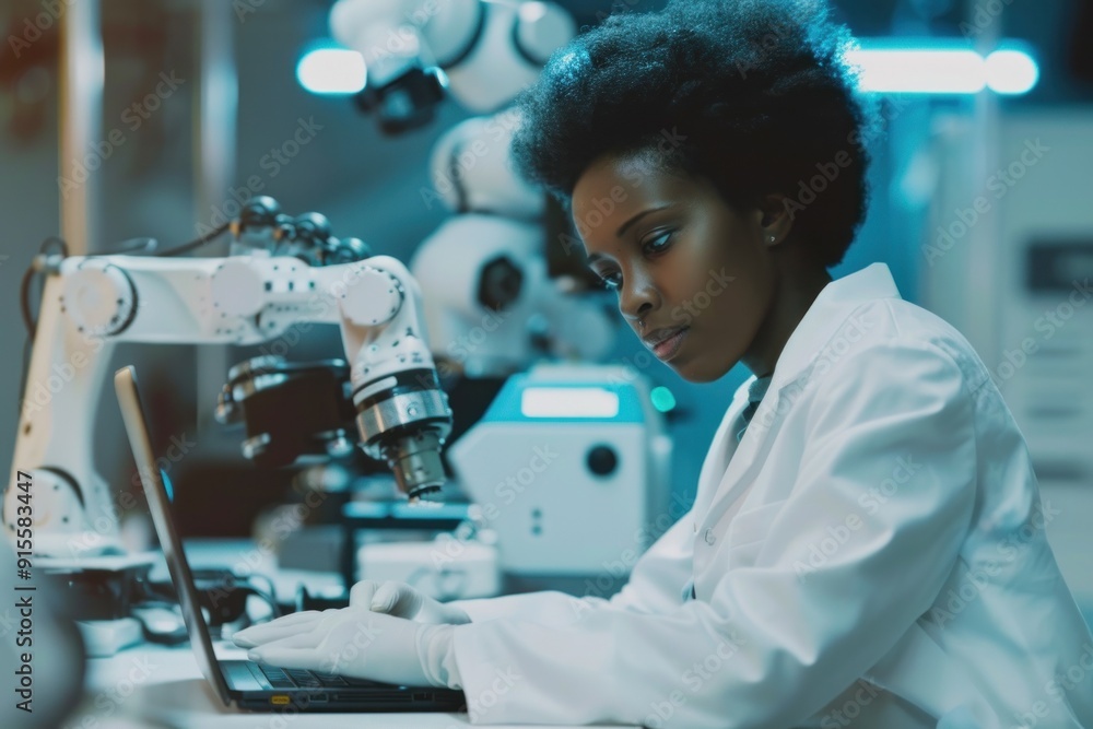 Dedicated scientist working with lab equipment and laptop. Dedicated scientist working with lab equipment and laptop.
