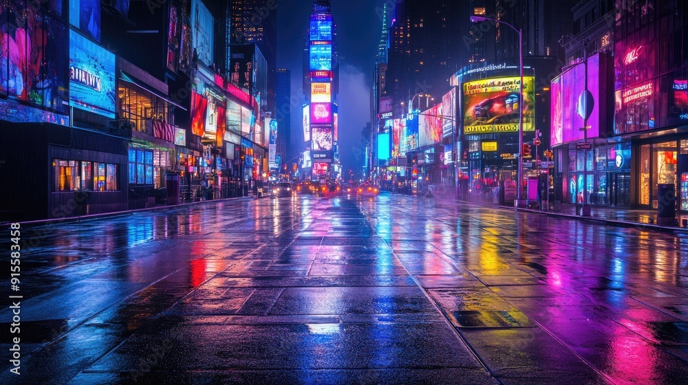 Empty Times Square in New York, with its iconic neon lights shining on empty streets, capturing a rare moment of silence in the bustling city. Empty Times Square in New York, with its iconic neon lights shining on empty streets, capturing a rare moment of silence in the bustling city.