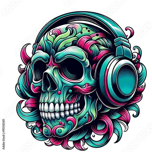 Colorful watercolor skull wearing headphones on bright watercolor background. Vector illustration for tshirt, poster, card, banner, sticker, flyer and cover book.
 photo