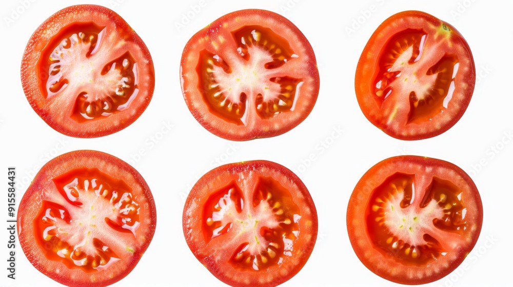 Isolated composition of tomato slices of varying thickness, perfectly round and vibrant. The freshness and natural shine emphasized on a white background Isolated composition of tomato slices of varying thickness, perfectly round and vibrant. The freshness and natural shine emphasized on a white background