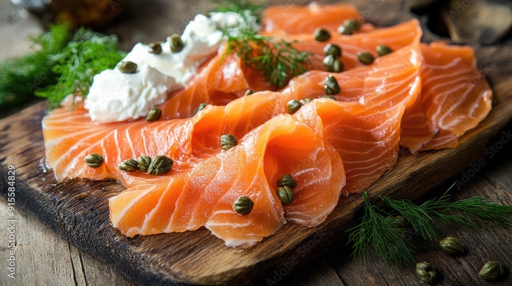 Smoked salmon slices on a rustic wooden board, served with cream cheese, capers, and fresh dill, perfect for a gourmet meal. Smoked salmon slices on a rustic wooden board, served with cream cheese, capers, and fresh dill, perfect for a gourmet meal.