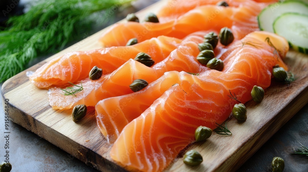 Smoked salmon slices on a rustic wooden board, served with cream cheese, capers, and fresh dill, perfect for a gourmet meal. Smoked salmon slices on a rustic wooden board, served with cream cheese, capers, and fresh dill, perfect for a gourmet meal.
