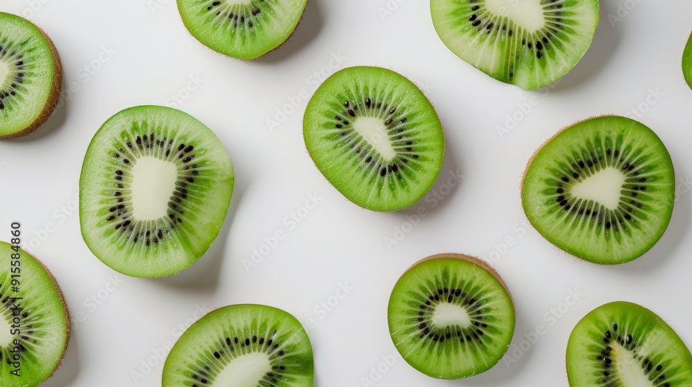 Kiwi fruit halves and slices, showcasing the vibrant green flesh and tiny black seeds. Set against a crisp white background for contrast Kiwi fruit halves and slices, showcasing the vibrant green flesh and tiny black seeds. Set against a crisp white background for contrast