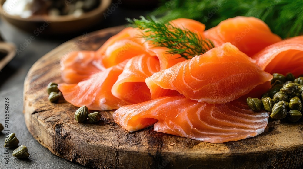 Smoked salmon slices on a rustic wooden board, served with cream cheese, capers, and fresh dill, perfect for a gourmet meal. Smoked salmon slices on a rustic wooden board, served with cream cheese, capers, and fresh dill, perfect for a gourmet meal.