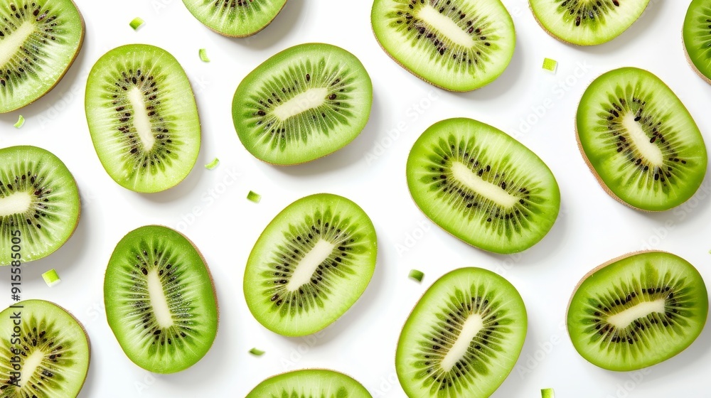 Fototapeta premium Kiwi halves with a few slices artfully scattered, focusing on the intricate details of the fruit's texture. Set against a pure white background for a fresh look