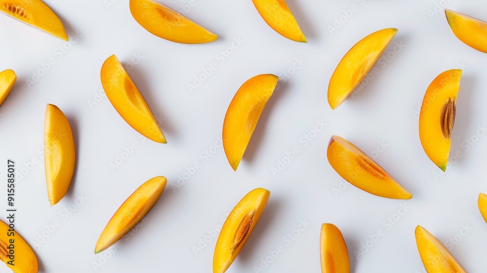 Mango halves and slices creatively laid out in a minimalist style. The bright, juicy flesh stands out against the plain white background, highlighting freshness Mango halves and slices creatively laid out in a minimalist style. The bright, juicy flesh stands out against the plain white background, highlighting freshness
