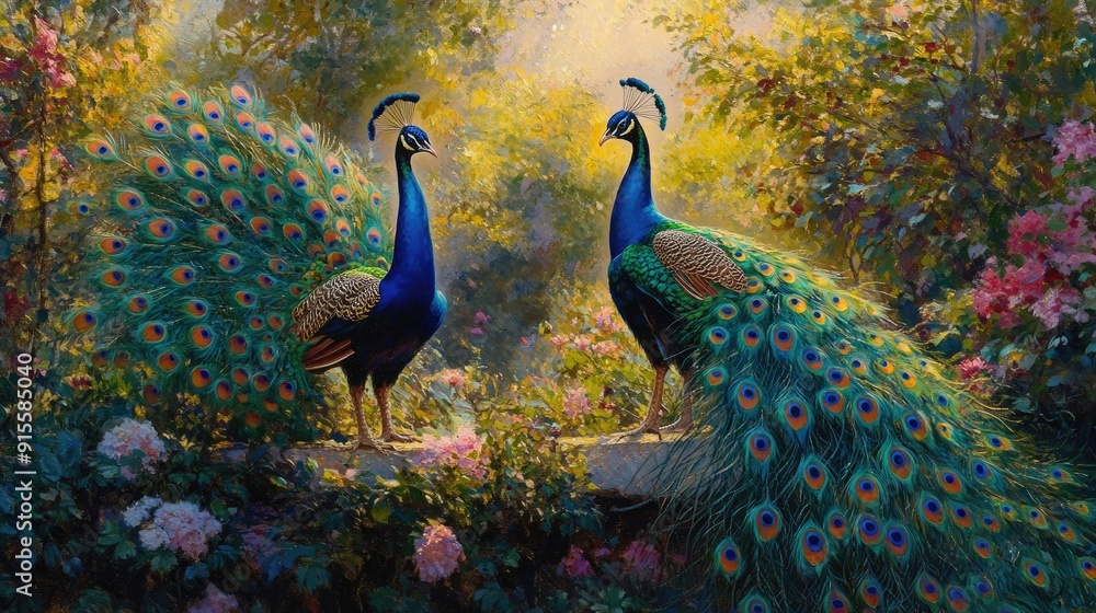 Obraz premium Two peacocks displaying their vibrant feathers in a lush garden, with one in full display and the other calmly watching.