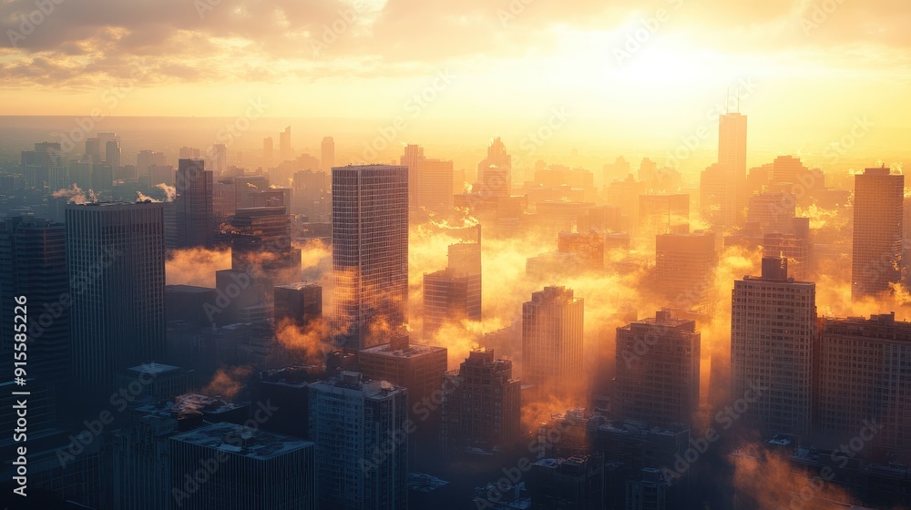 Obraz premium Urban skyline at sunrise, with the city slowly waking up, buildings bathed in the soft, golden light of dawn.