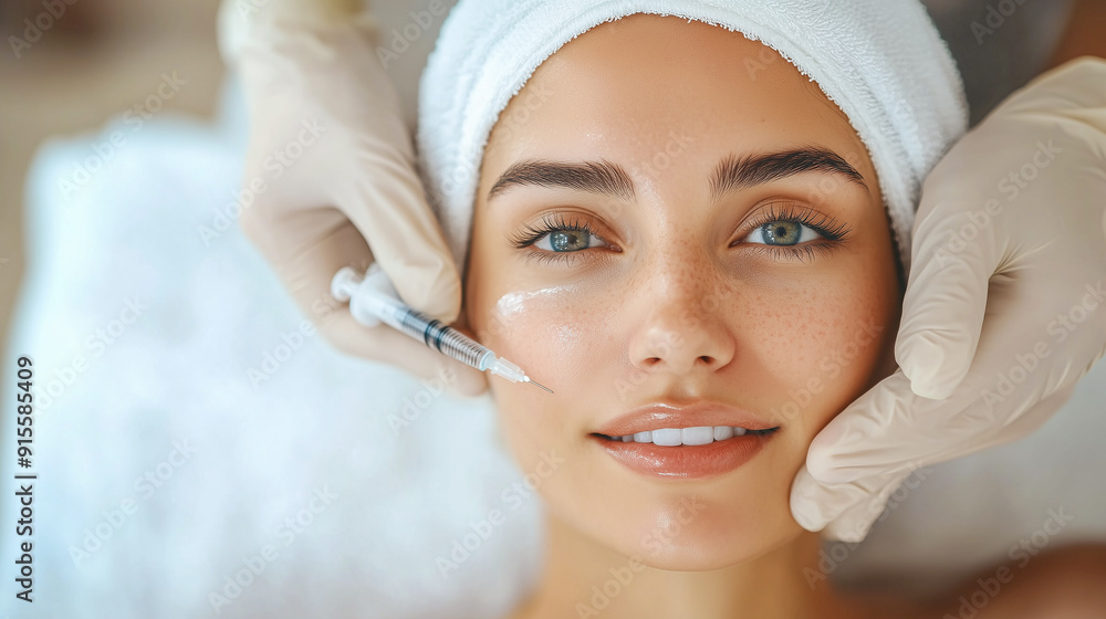 Hyaluronic acid injection into nasolabial folds and wrinkles around the mouth in a beauty salon. A young girl gets a beauty injection, a cosmetologist holds a syringe with filler. Cosmetic procedures,