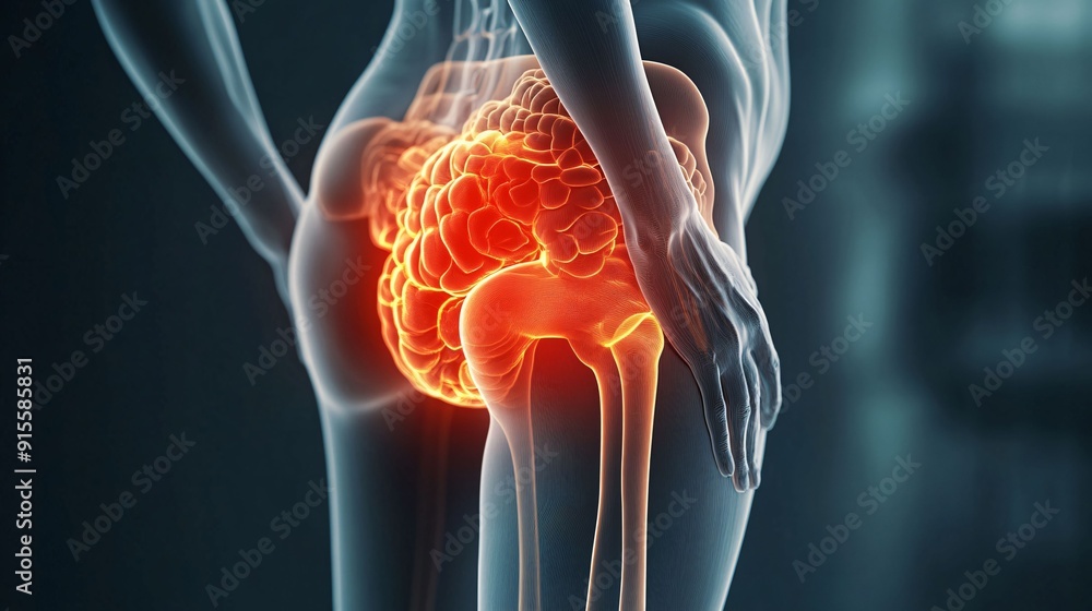 A detailed anatomical illustration showing sciatic nerve pain, highlighted in glowing red around the hip and leg area, representing nerve discomfort and inflammation. A detailed anatomical illustration showing sciatic nerve pain, highlighted in glowing red around the hip and leg area, representing nerve discomfort and inflammation.
