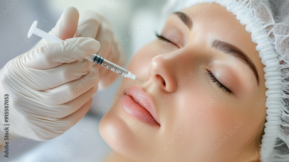 Hyaluronic acid injection into nasolabial folds and wrinkles around the mouth in a beauty salon. A young girl gets a beauty injection, a cosmetologist holds a syringe with filler. Cosmetic procedures,