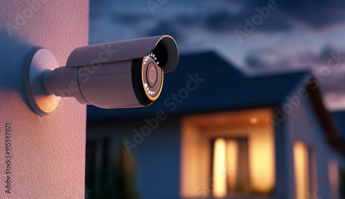 Outdoor security camera mounted on the side wall, overlooking a residential building at night.