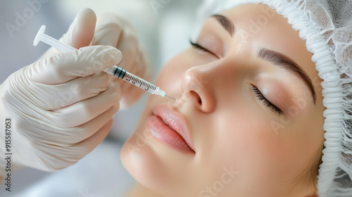 Obraz na płótnie Hyaluronic acid injection into nasolabial folds and wrinkles around the mouth in a beauty salon. A young girl gets a beauty injection, a cosmetologist holds a syringe with filler. Cosmetic procedures, w salonie