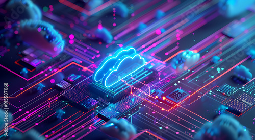 Neon light cloud computing futuristic technology and cloud storage illustration embodies network technologies cyberspace, showcasing a futuristic server in isometric perspective, dark background.