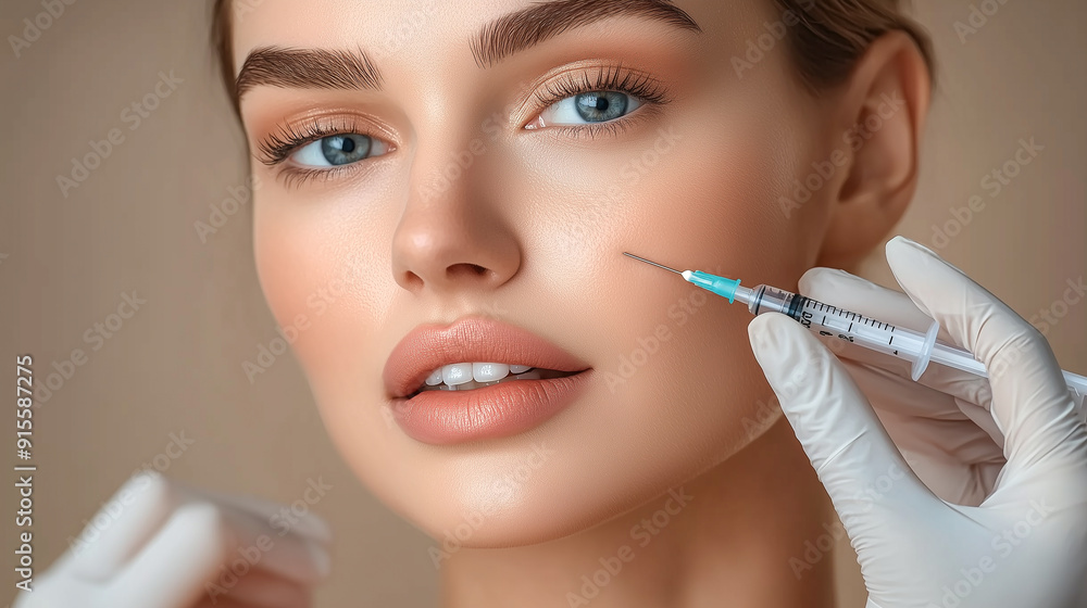 Beauty injection in the cheekbone. The cosmetologist holds a syringe with filler near the cheekbone. Cosmetic procedures in the salon, aesthetic cosmetology and facial care. Beauty injection in the cheekbone. The cosmetologist holds a syringe with filler near the cheekbone. Cosmetic procedures in the salon, aesthetic cosmetology and facial care.