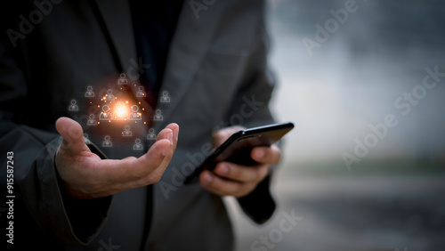 Fototapeta Naklejka Na Ścianę i Meble -  Customer Relationship Management, Businessman with global structure customer network technology, Data exchanges development. customer service, social media. digital marketing online.