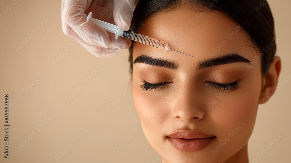 A cosmetologist makes a Botox injection into the forehead area of a young woman on a beige background with copy space. Cosmetic procedure for wrinkles.