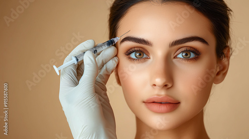 A cosmetologist makes a Botox injection into the forehead area of ​​a young woman on a beige background with copy space. Cosmetic procedure for wrinkles.