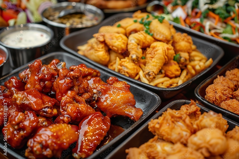 Crunchy and mouthwatering fried chicken and spicy hot wings Crunchy and mouthwatering fried chicken and spicy hot wings