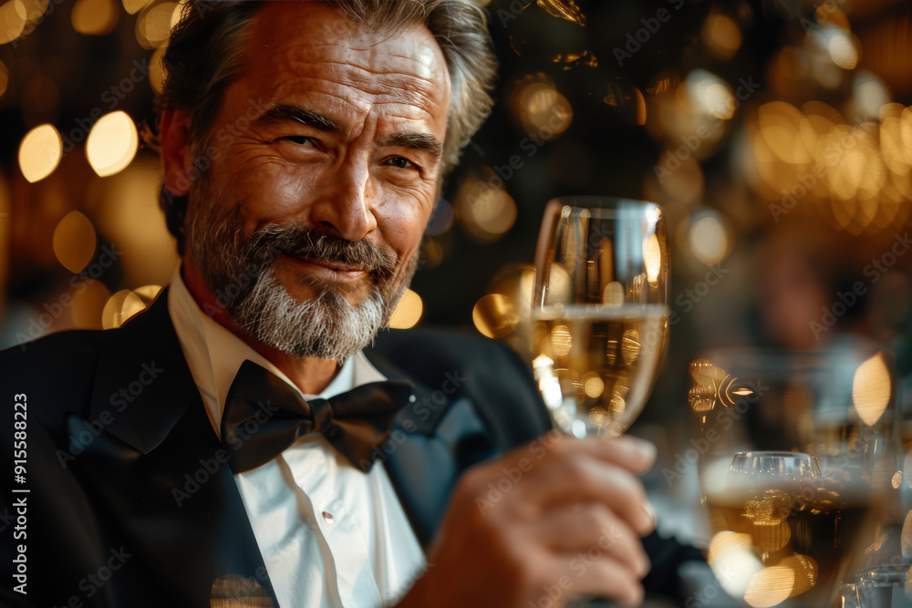 Elegant mature man in tuxedo toasting with champagne at a sophisticated event Elegant mature man in tuxedo toasting with champagne at a sophisticated event